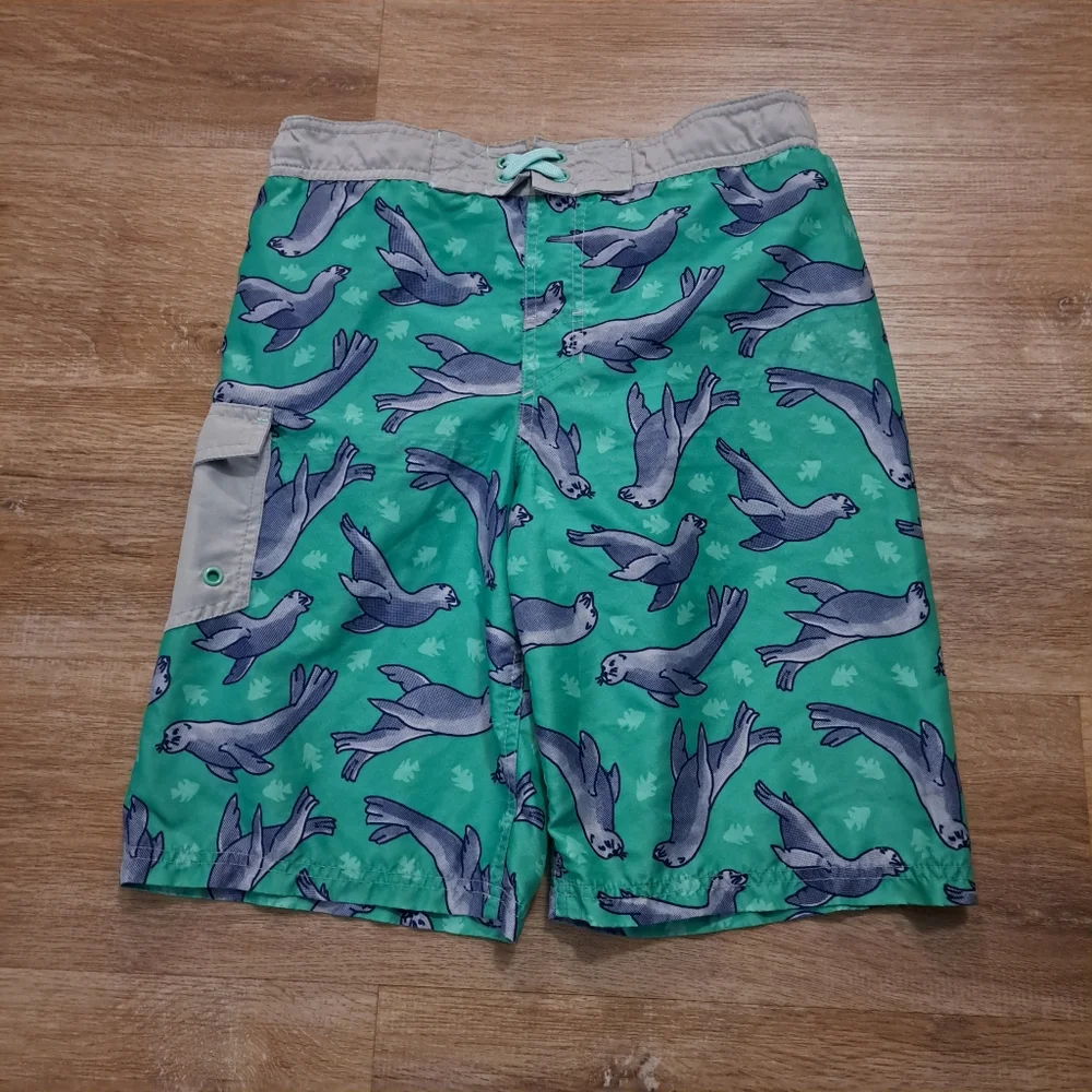 Cat & Jack Kid's Teal Blue Green Sea Lion Print Swim Shorts Drawstring Boy's XL